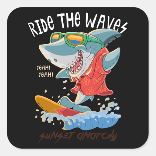 Cool shark surfing square sticker