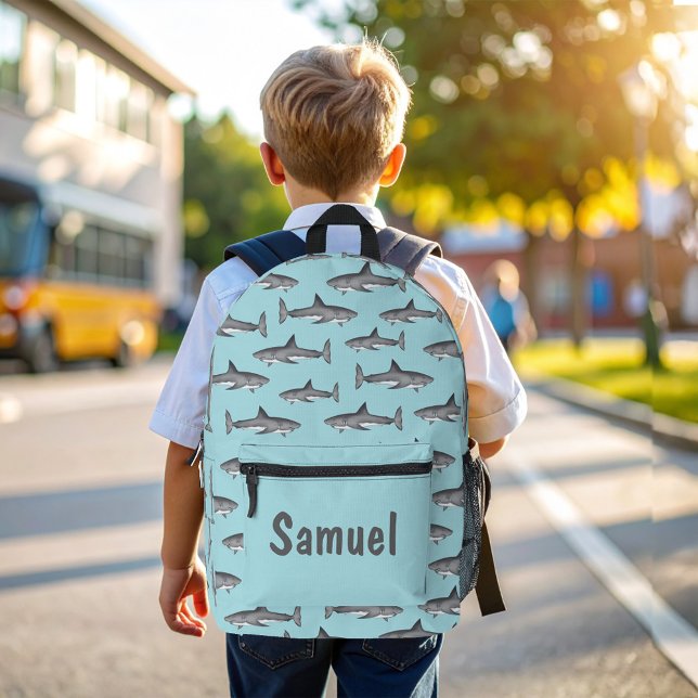 Cool Sharks Blue Ocean Personalized Printed Backpack (Cute Sharks Pattern Personalized backpack.)