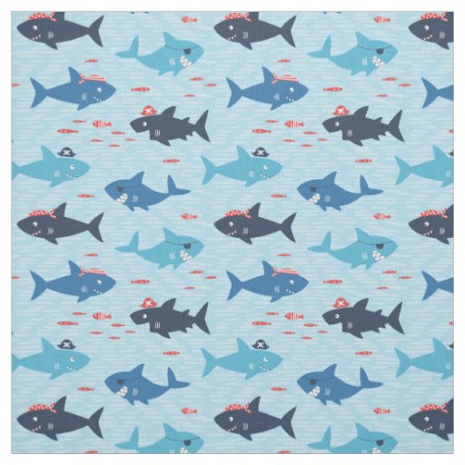 Cool sharks with pirate hats on light blue fabric