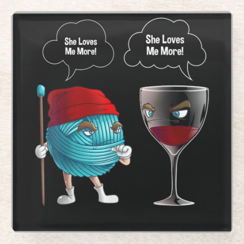 Cool She Loves Me Crochet And Wine Funny Needle Glass Coaster