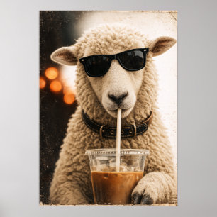 Cool Sheep Drinking Iced Coffee Poster