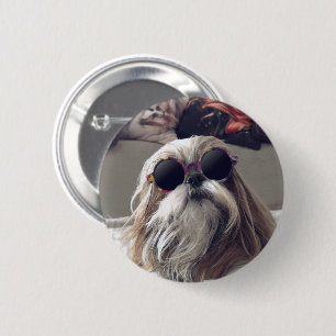 Cool Shih Tzu long hair vintage Sunglasses Photo Button