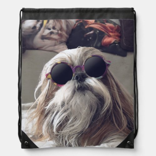 Cool Shih Tzu long hair vintage Sunglasses Photo Drawstring Bag