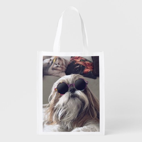 Cool Shih Tzu long hair vintage Sunglasses Photo Grocery Bag