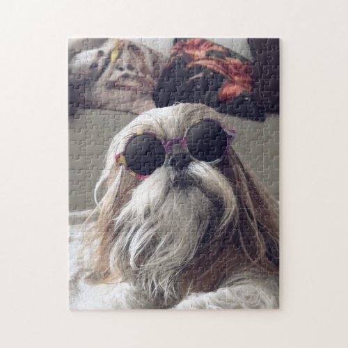 Cool Shih Tzu long hair vintage Sunglasses Photo Jigsaw Puzzle