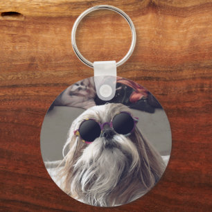 Cool Shih Tzu long hair vintage Sunglasses Photo Keychain
