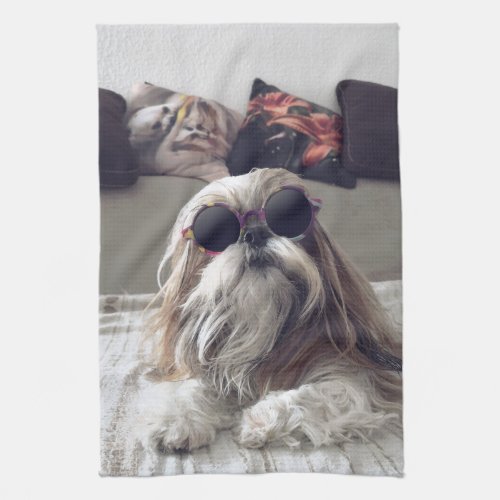 Cool Shih Tzu long hair vintage Sunglasses Photo Kitchen Towel