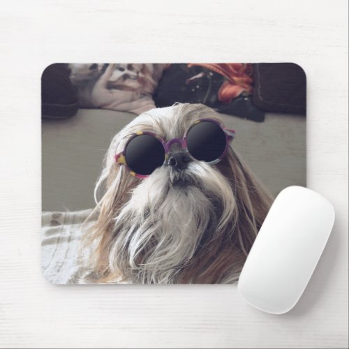 Cool Shih Tzu long hair vintage Sunglasses Photo Mouse Pad