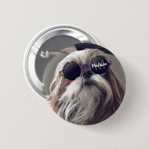 Cool Shih Tzu vintage retro glasses Photo Monogram Button
