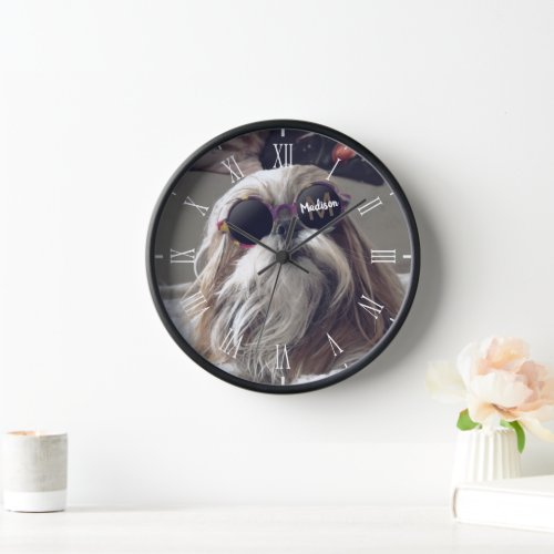 Cool Shih Tzu vintage retro glasses Photo Monogram Clock