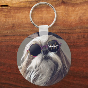 Cool Shih Tzu vintage retro glasses Photo Monogram Keychain