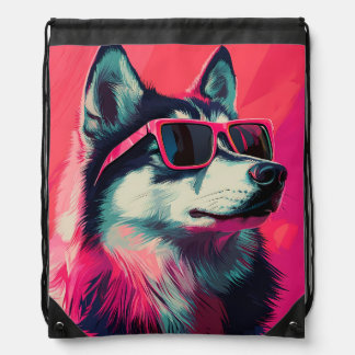 Cool Siberian Husky dog with sunglasses Drawstring Bag