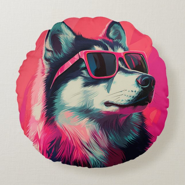 Cool Siberian Husky dog with sunglasses Round Pillow (Front)