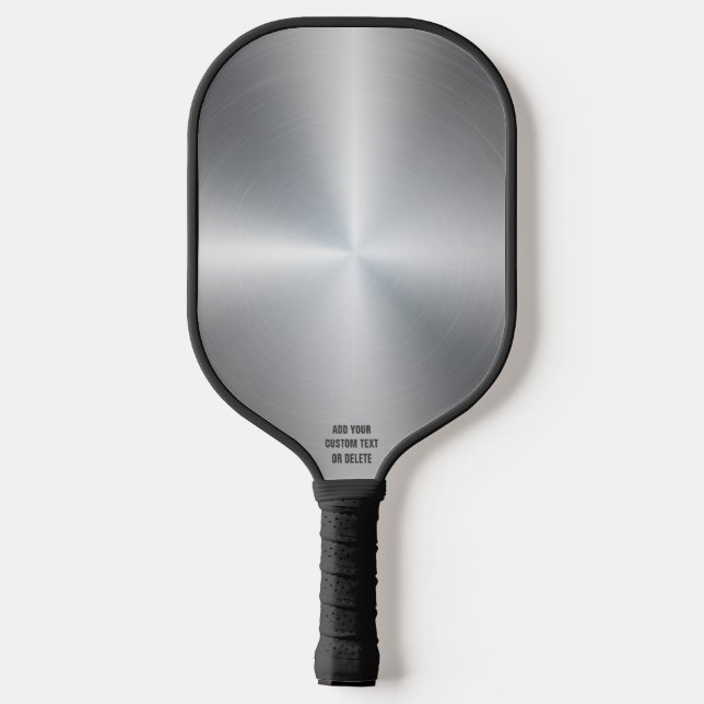 Cool Silver Brushed Metal Design Personalized Text Pickleball Paddle (Back)