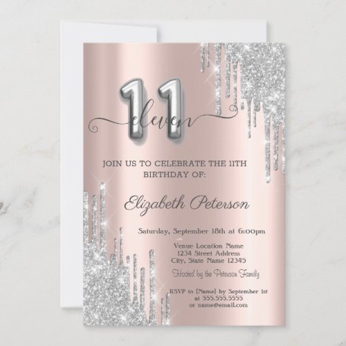 Cool Silver Drips Rose Gold 11th Birthday Invitation