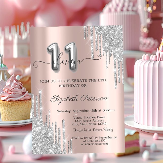 Cool Silver Drips Rose Gold 11th Birthday Invitation (Creator Uploaded)