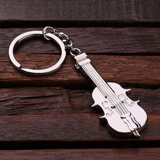 Cool Silver Etched Violin Shaped Steel Keychain (Front)