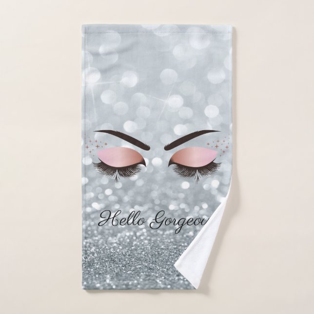 Cool Silver Glitter Bokeh,Faux Lashes Bath Towel Set (Hand Towel)