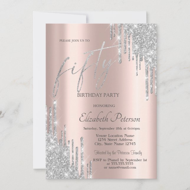 Cool Silver Glitter Drips 50th Birthday  Invitation (Front)