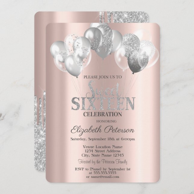 Cool Silver Glitter Drips Balloons Sweet 16  Invitation (Front/Back)