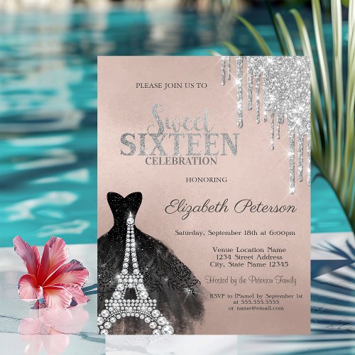 Cool Silver Glitter Drips Black Dress Sweet 16  Invitation