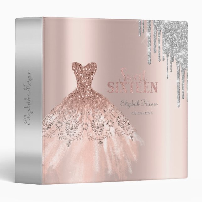 Cool Silver Glitter Drips,Dress Rose Gold 3 Ring Binder (Front/Spine)