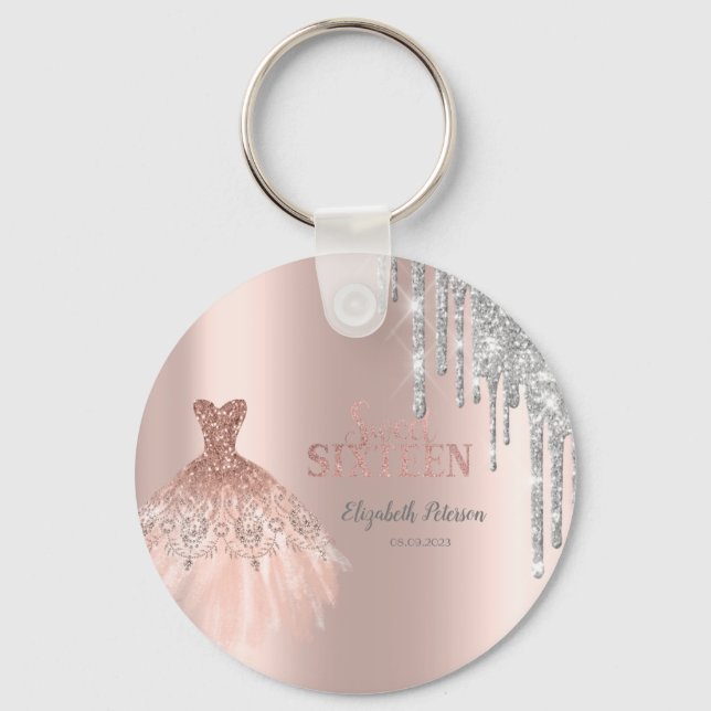 Cool Silver Glitter Drips,Dress Rose Gold Keychain (Front)