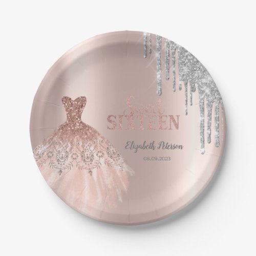 Cool Silver Glitter DripsDress Rose Gold Paper Plates
