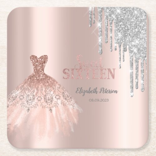 Cool Silver Glitter DripsDress Rose Gold Square Paper Coaster