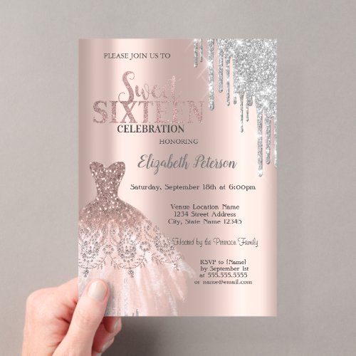 Cool Silver Glitter Drips,Dress Rose Gold Sweet 16 Acrylic Invitations