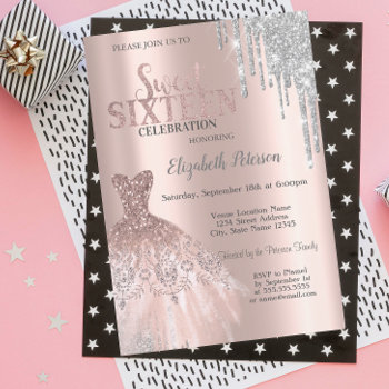 Cool Silver Glitter Drips Dress Rose Gold Sweet 16 Invitation by Biglibigli at Zazzle