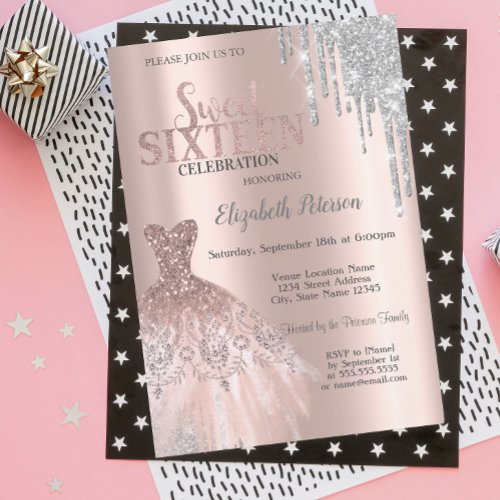 Cool Silver Glitter DripsDress Rose Gold Sweet 16 Invitation