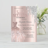 Cool Silver Glitter Drips,Dress Rose Gold Sweet 16 Invitation (Standing Front)