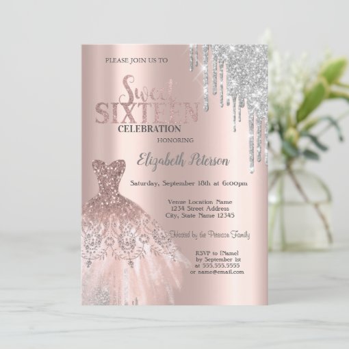 Cool Silver Glitter Drips,Dress Rose Gold Sweet 16 Invitation | Zazzle