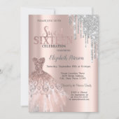 Cool Silver Glitter Drips,Dress Rose Gold Sweet 16 Invitation (Front)