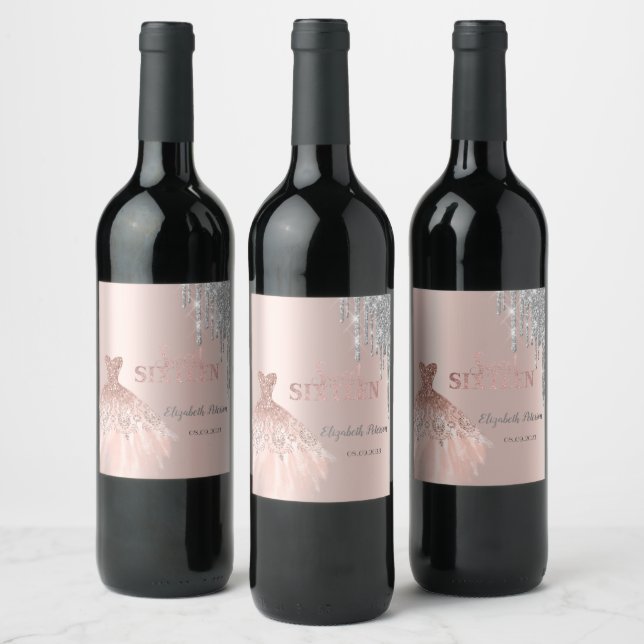 Cool Silver Glitter Drips,Dress Rose Gold Wine Label (Bottles)