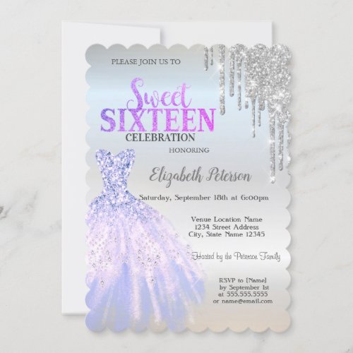 Cool Silver Glitter DripsDress Silver Sweet 16 Invitation