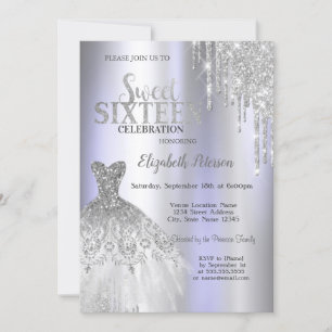 Cool Silver Glitter Drips,Dress Violet Sweet 16 Invitation