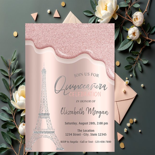 Cool Silver Glitter Drips,Eiffel Tower Quinceañera Invitation (Creator Uploaded)