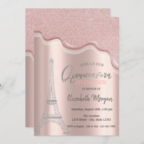 Cool Silver Glitter DripsEiffel Tower Quinceaera Invitation