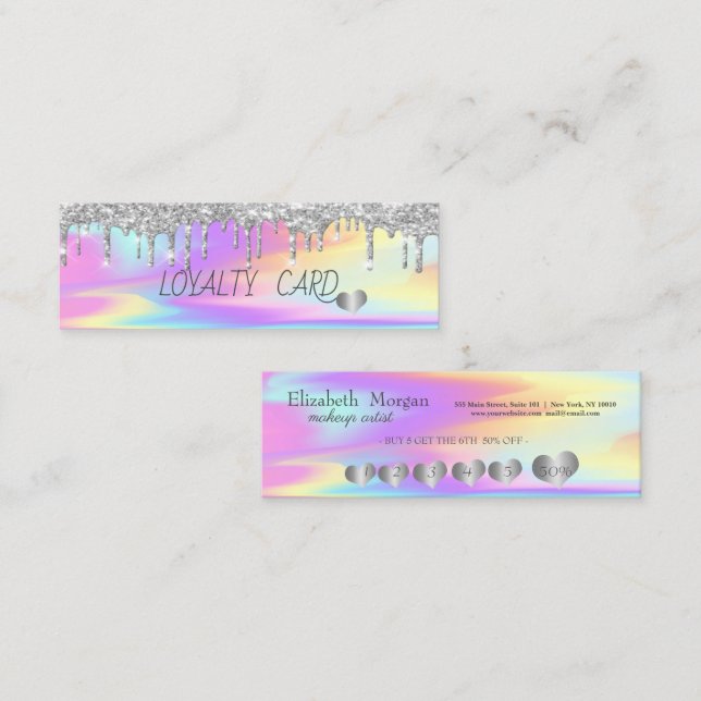Cool Silver Glitter Drips Hearts,Holographic Loyalty Card (Front/Back)