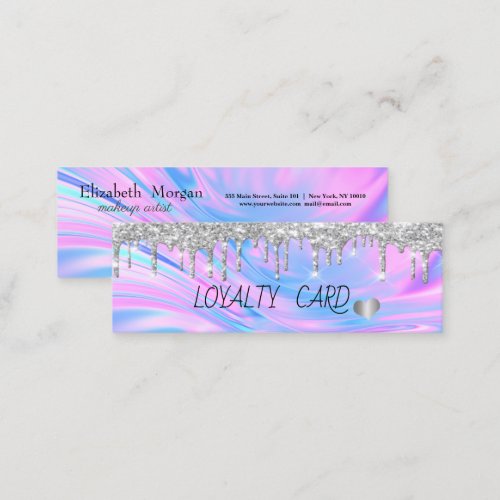 Cool Silver Glitter DripsHeartsHolographicOpal Loyalty Card