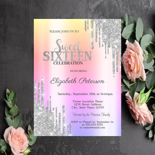 Cool Silver Glitter Drips Rose Gold  Sweet 16 Invitation