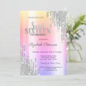 Cool Silver Glitter Drips Rose Gold  Sweet 16 Invitation (Standing Front)