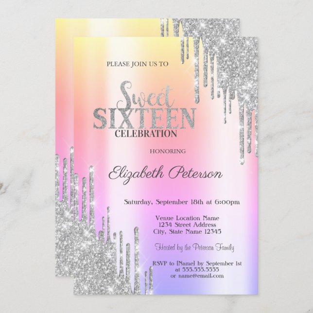 Cool Silver Glitter Drips Rose Gold  Sweet 16 Invitation (Front/Back)