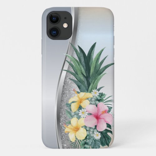 Cool Silver Glitter Pineapple Tropical Flowers iPhone 11 Case