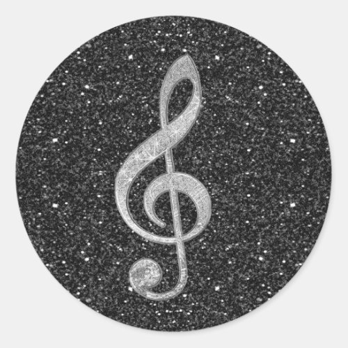 Cool silver glitter shining effects treble clef classic round sticker