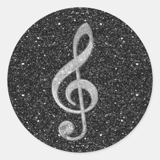 Cool silver glitter shining effects treble clef classic round sticker (Front)