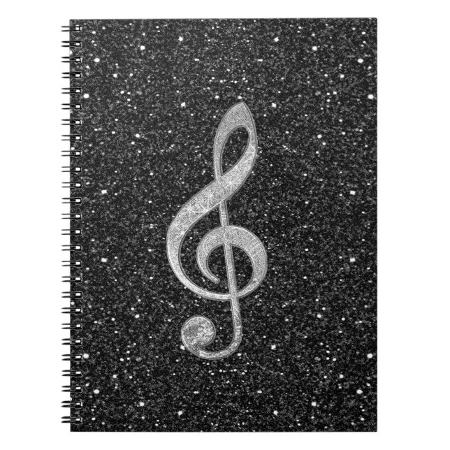 Cool silver glitter shining effects treble clef notebook (Front)