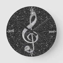 Cool silver glitter shining effects treble clef round clock